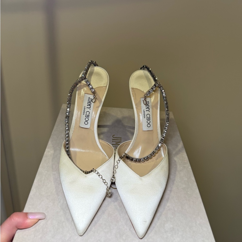 Jimmy Choo BRIDAL White Satin Crystal-Trim Slingback Pumps - Picture 4 of 16